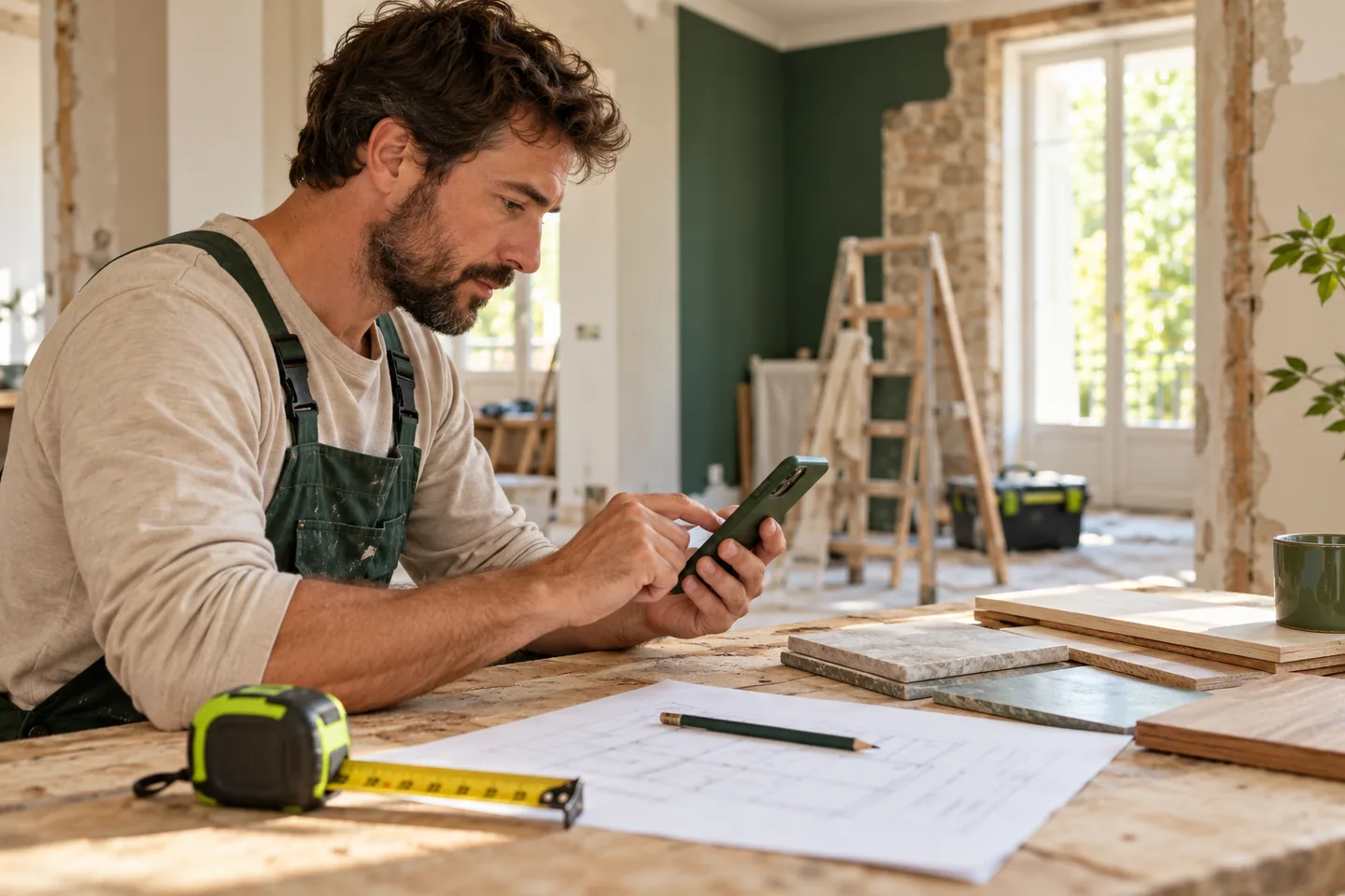 Artisan préparant un devis sur son téléphone au milieu de matériaux de chantier