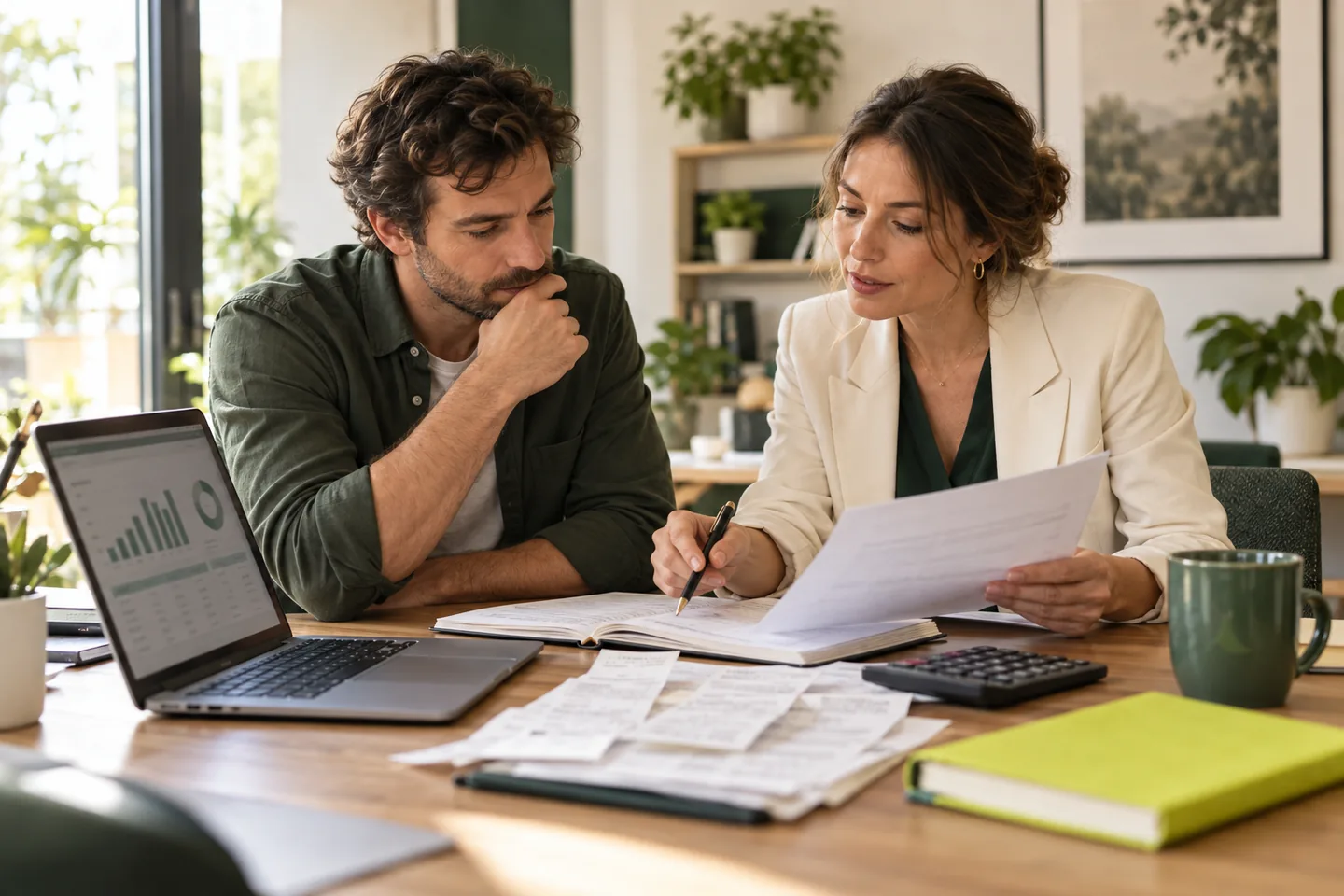 Dirigeant et comptable contrôlant des documents et un tableau de bord financier