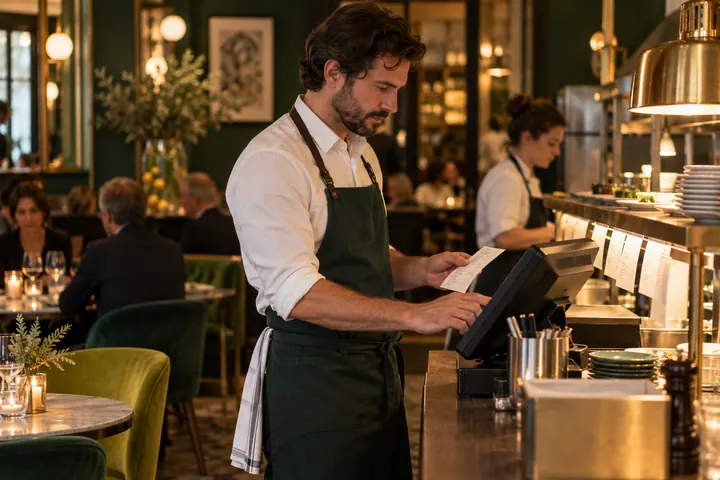 Restaurateur contrôlant sa caisse pendant le service