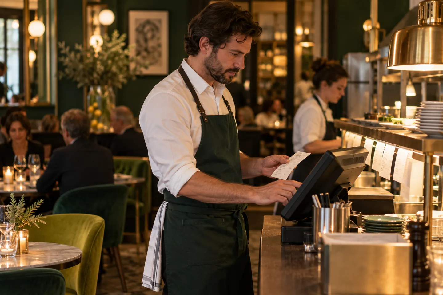 Restaurateur utilisant sa caisse pendant un service