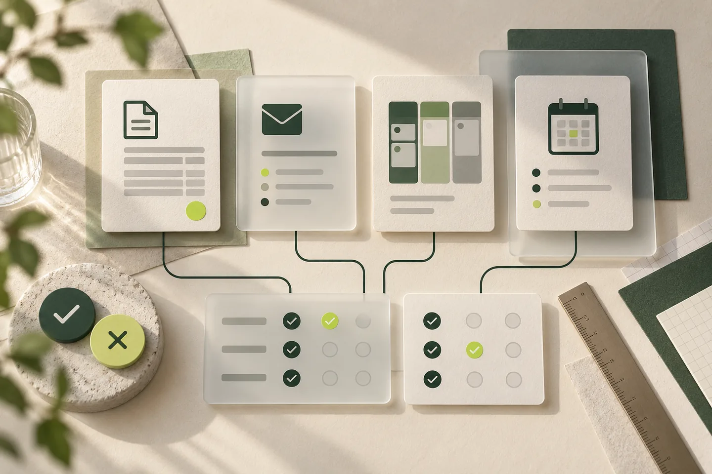 Cartes symbolisant facturation, emailing, gestion de projet et rendez-vous dans une grille de comparaison